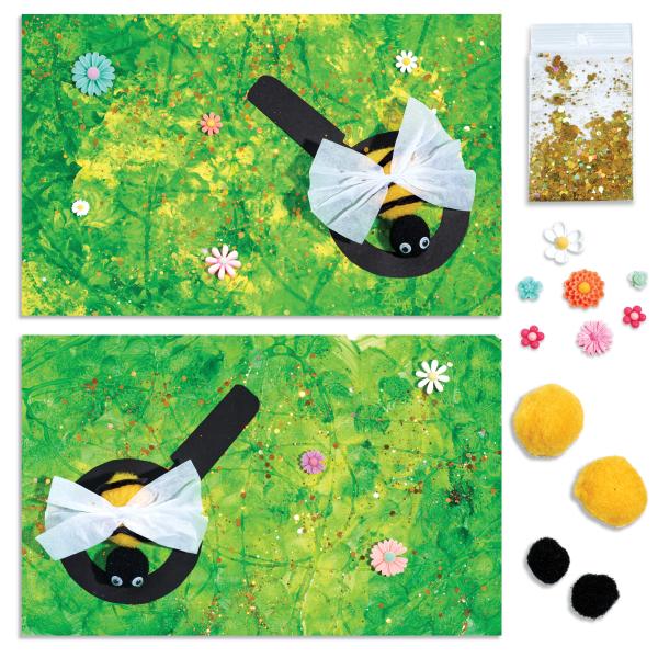 Magnifying glass Bee in flower field art for kids