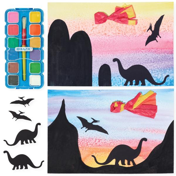 Watercolor Sunset with Dinosaur Silhouettes