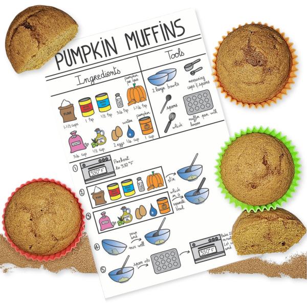 Kid-friendly pumpkin muffin visual recipe and fall baking activity