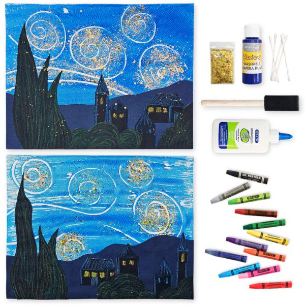 Child-created Starry Night art using swirling paint and printmaking technique with blue tones and glitter details