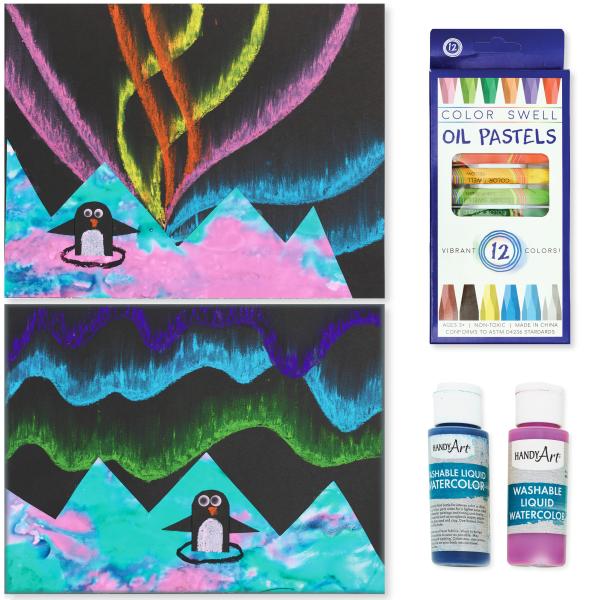 Penguin and northern lights art project for children