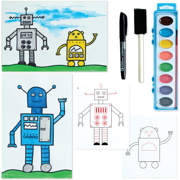 Easy Line and Wash Robot Drawing for kids with step-by-step tutorial