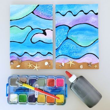Black Glue and Watercolor Ocean Shore
