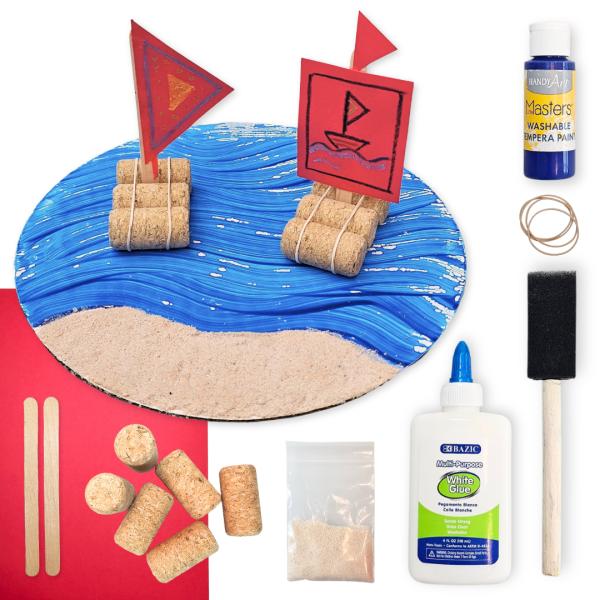 Van Gogh-inspired boat diorama for kids with painted waves, sandy texture, and handmade sailboats in a 3D scene