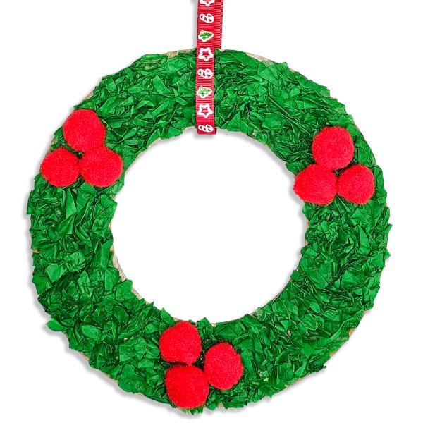 christmas wreath craft for children with tissue paper and pompoms
