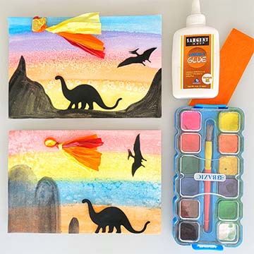 Watercolor Sunset with Dinosaur Silhouettes