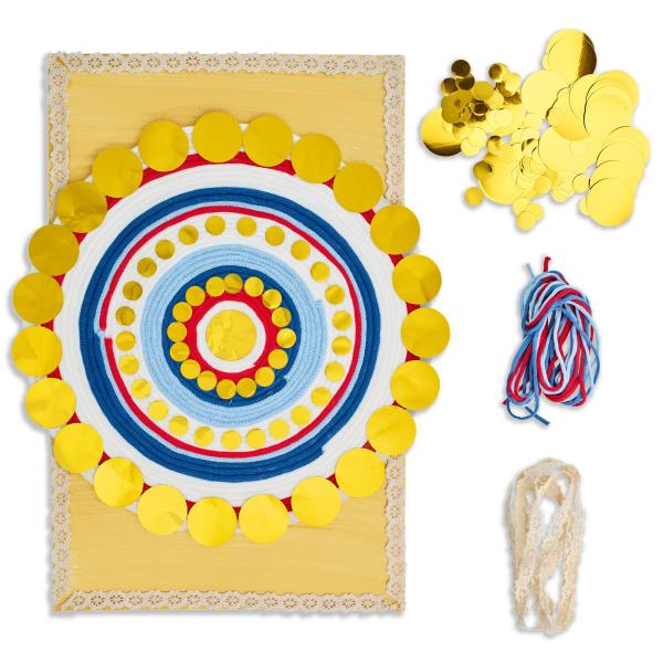 Medieval Choir of Angels art project for kids made with colorful yarn and gold confetti
