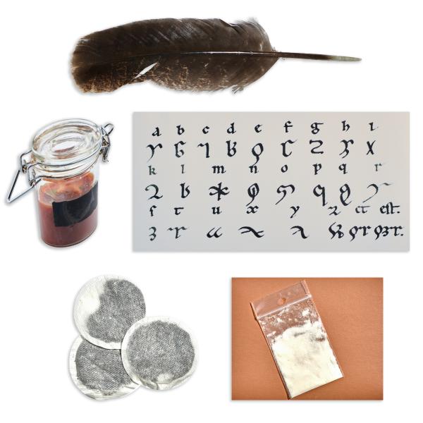 Medieval quill and ink activity for kids with feather pen, homemade tea ink and Hildegard alphabet