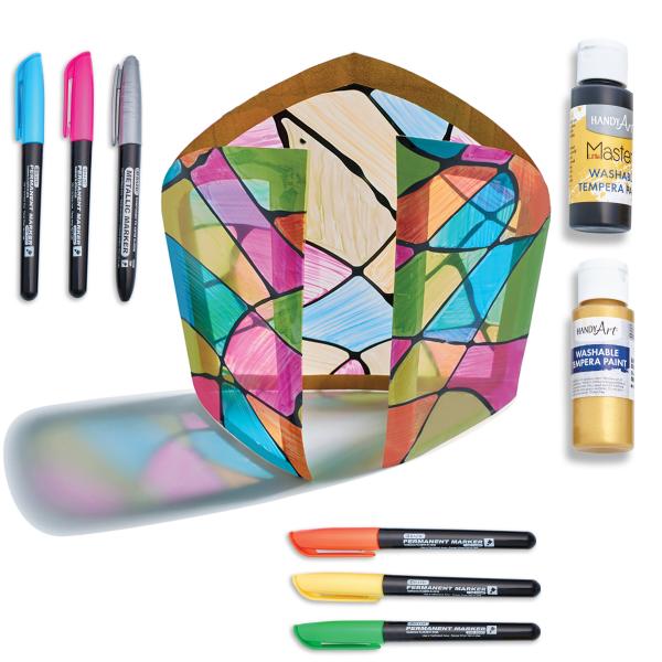 Colorful medieval stained glass triptych art project for kids with markers and paint