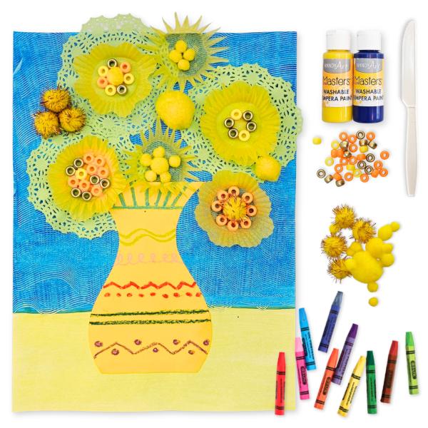 Mixed-media sunflower art for kids using paper, pom-poms, and paint to create a textured bouquet inspired by Van Gogh